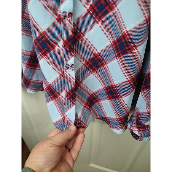 Elle Woman XL V Neck Plaid Shirt Bowtie Long Sleeve Semi Sheer Business Office - Picture 7 of 10